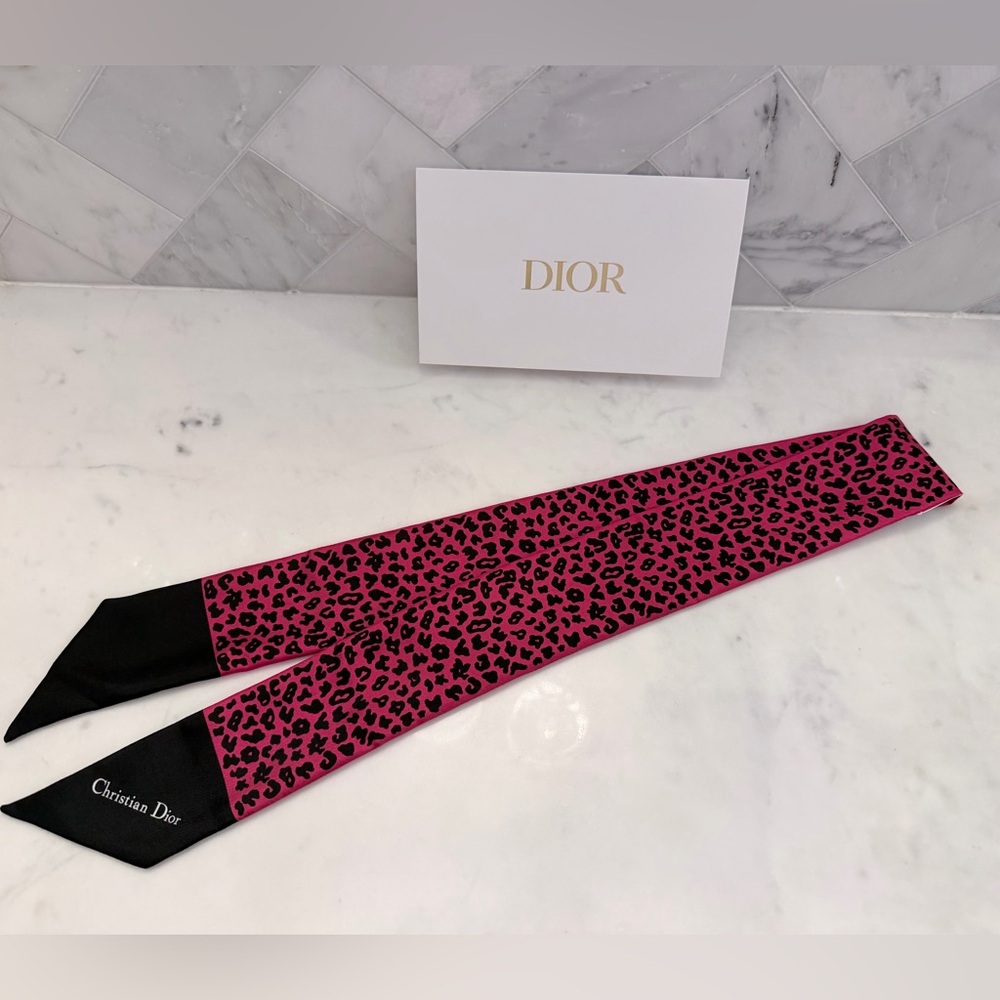AUTHENTIC Christian Dior Pink & Black Leopard Print Silk Mitzrah  Scarf
